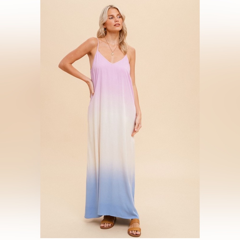 Hem & Thread Ombre Maxi Dress W/Pockets Pink Cream Blue New Item NWT